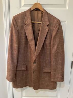 Vtg Oscar De La Renta Men 42L Blazer Sport Coat Brown Crosshatch Plaid ACTWU USA